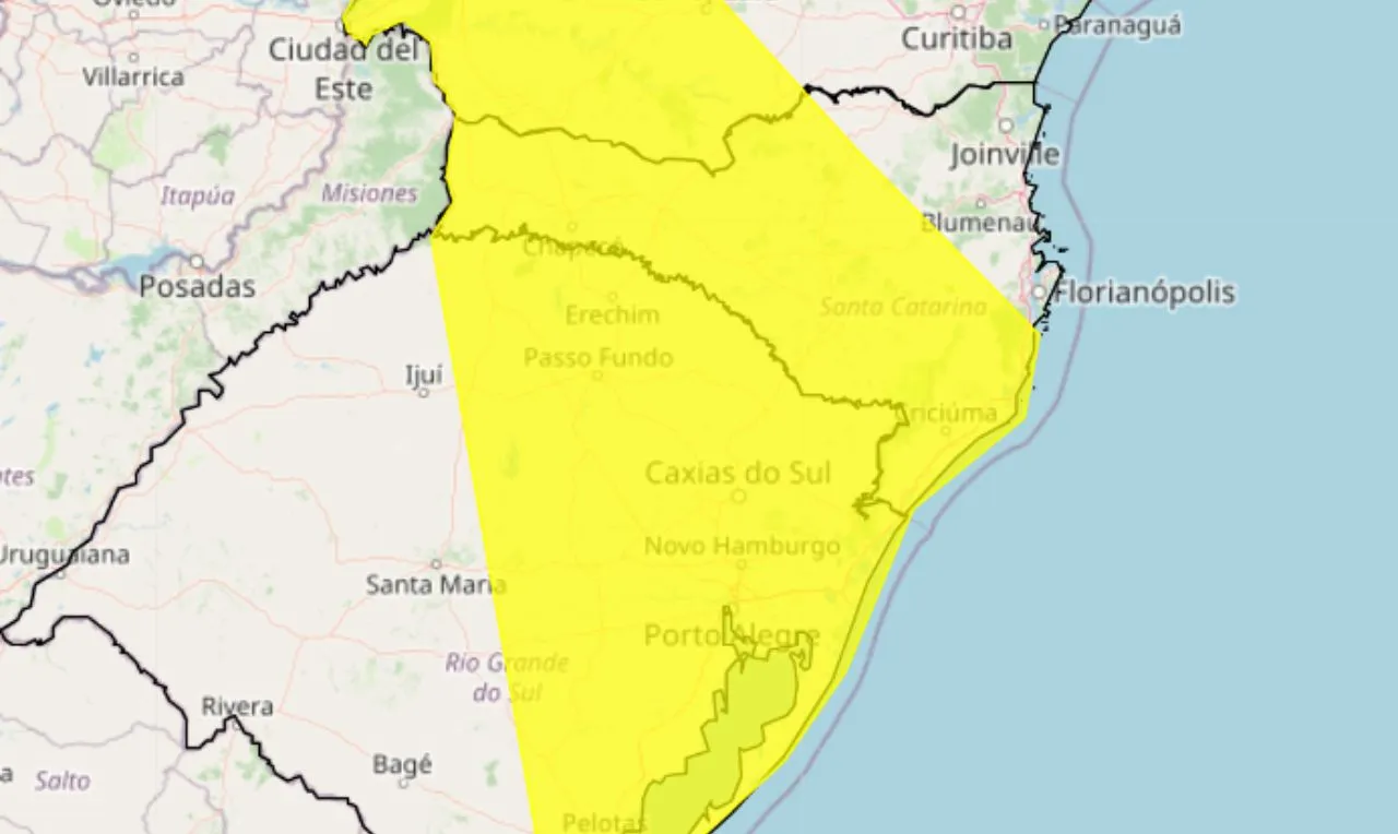o mapa mostra as áreas em alerta para chuva intensa e ventania